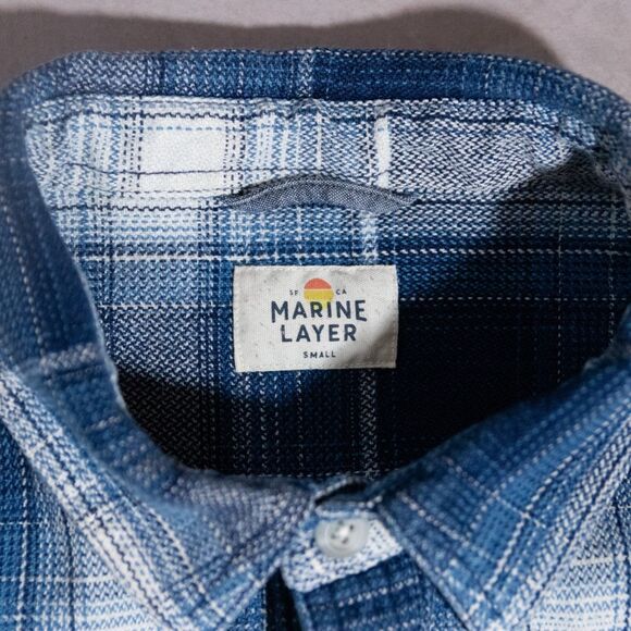 Marine Layer Lyon Overshirt Plaid Midweight Flannel Button Shirt Blue Mens Small - Picture 3 of 6